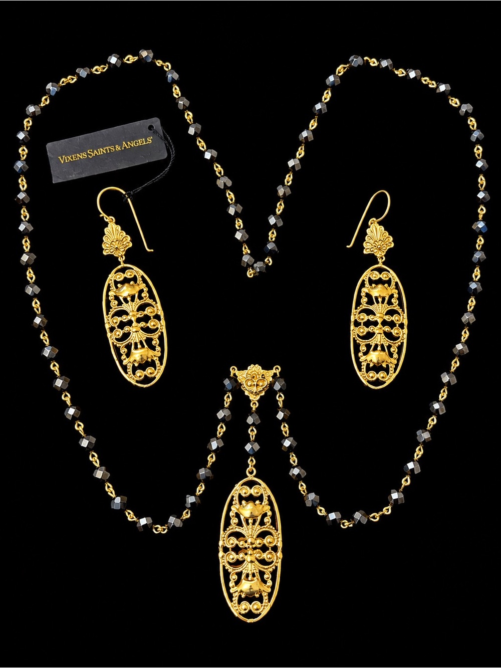 Virgins Saints & Angels Gold Filigree Necklace and Earring Set with Black Beads